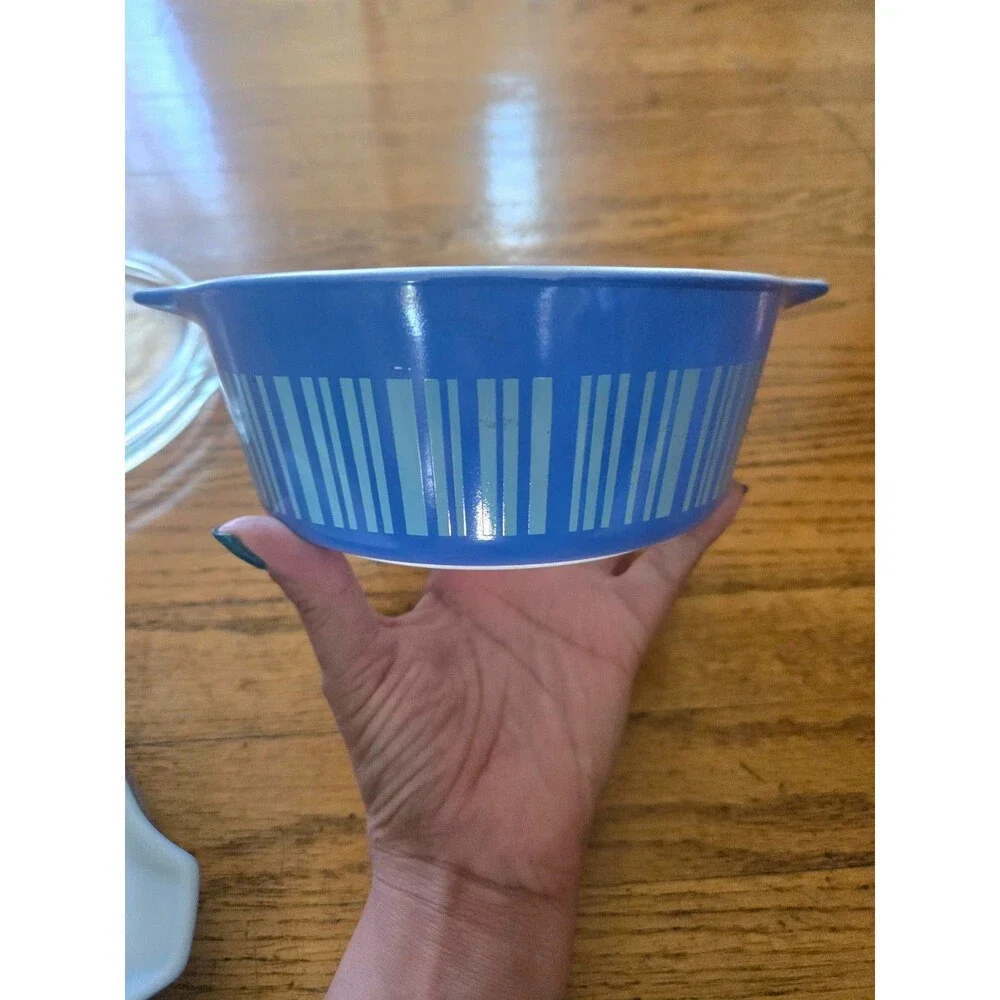 Vintage Pyrex Barcode Blue Stripes 471 & 472 W/ Lids Casserole Dishes